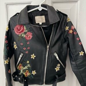Hannah Banana Black Leather Jacket with Colorful Floral Design